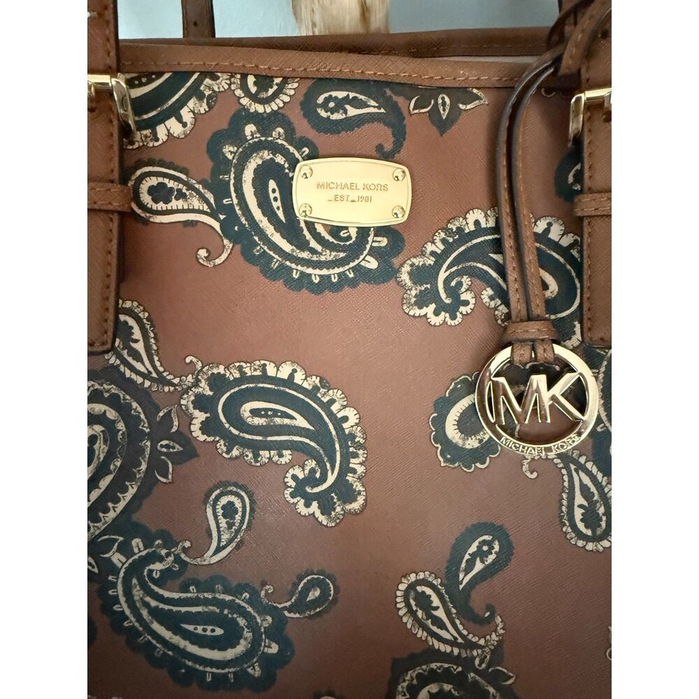 Michael Kors Paisley Leather Large Tote Brown MK Logo Charm Shoulder Bag - Picture 4 of 8